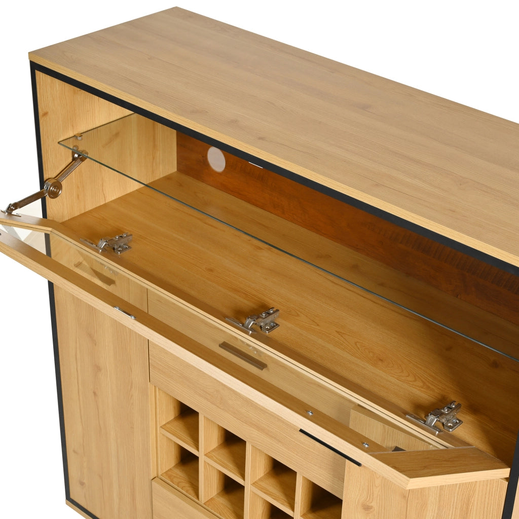 Mobile bar 2 ante e 2 livelli con portabottiglie e luce LED, per soggiorno e sala da pranzo, naturale, 110 x 38 x 111 cm