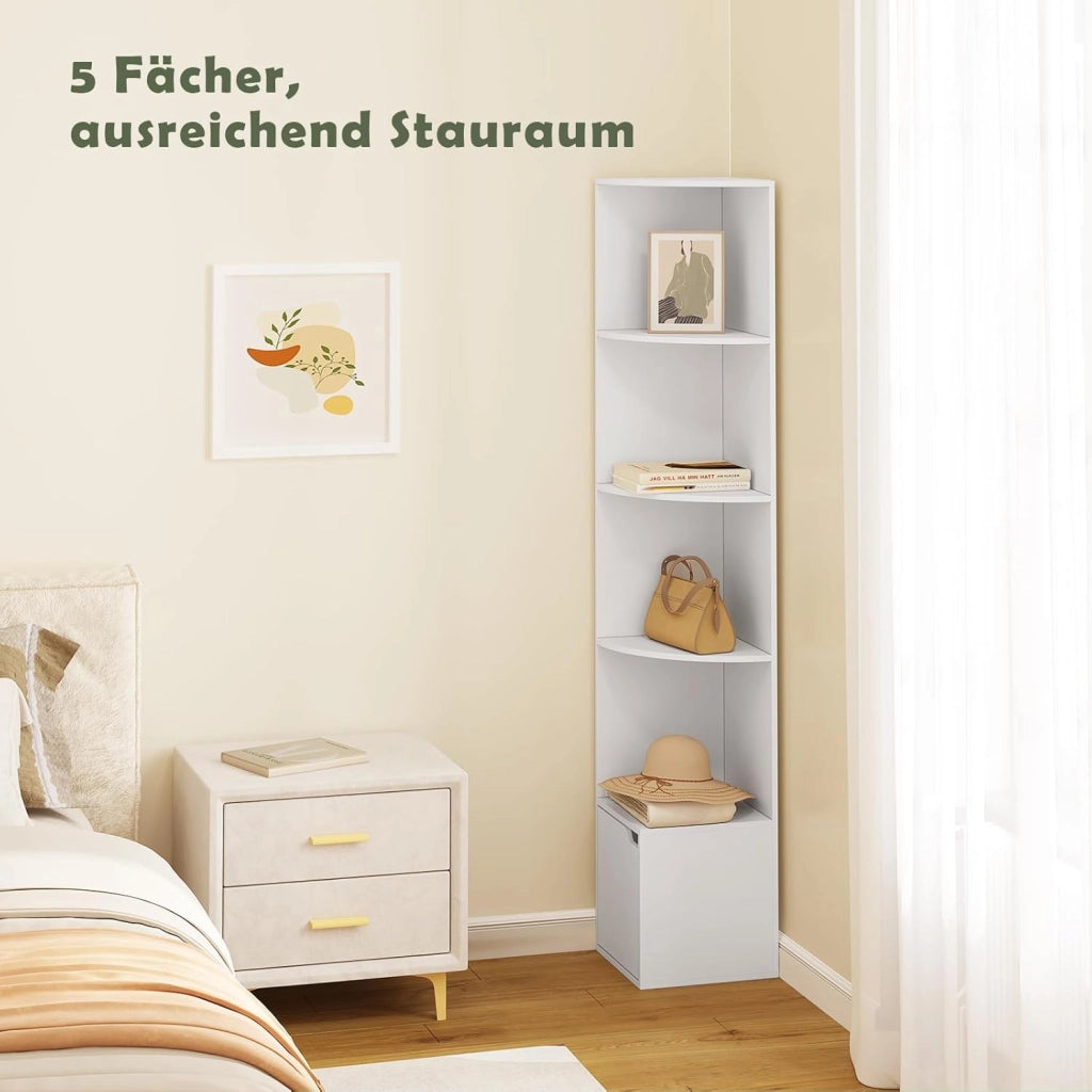 Scaffale Libreria Autoportante a 5 Ripiani, Libreria ad Angolo con Armadietto con Anta, Bianca, Legno, per Studio, Ufficio, Soggiorno, 29,5x29,5x158cm, SK038ws