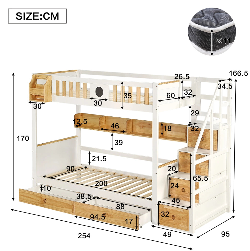 Letto a castello 90x200 cm con scala contenitore; 2 cassetti e ripiani; bianco e naturale