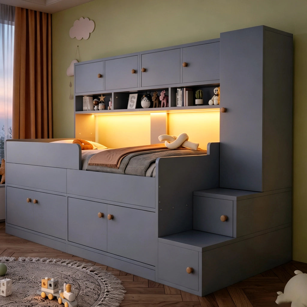 Letto a soppalco 90x200 cm con armadio; ripiani; scala; LED e parapetto di sicurezza; legno grigio