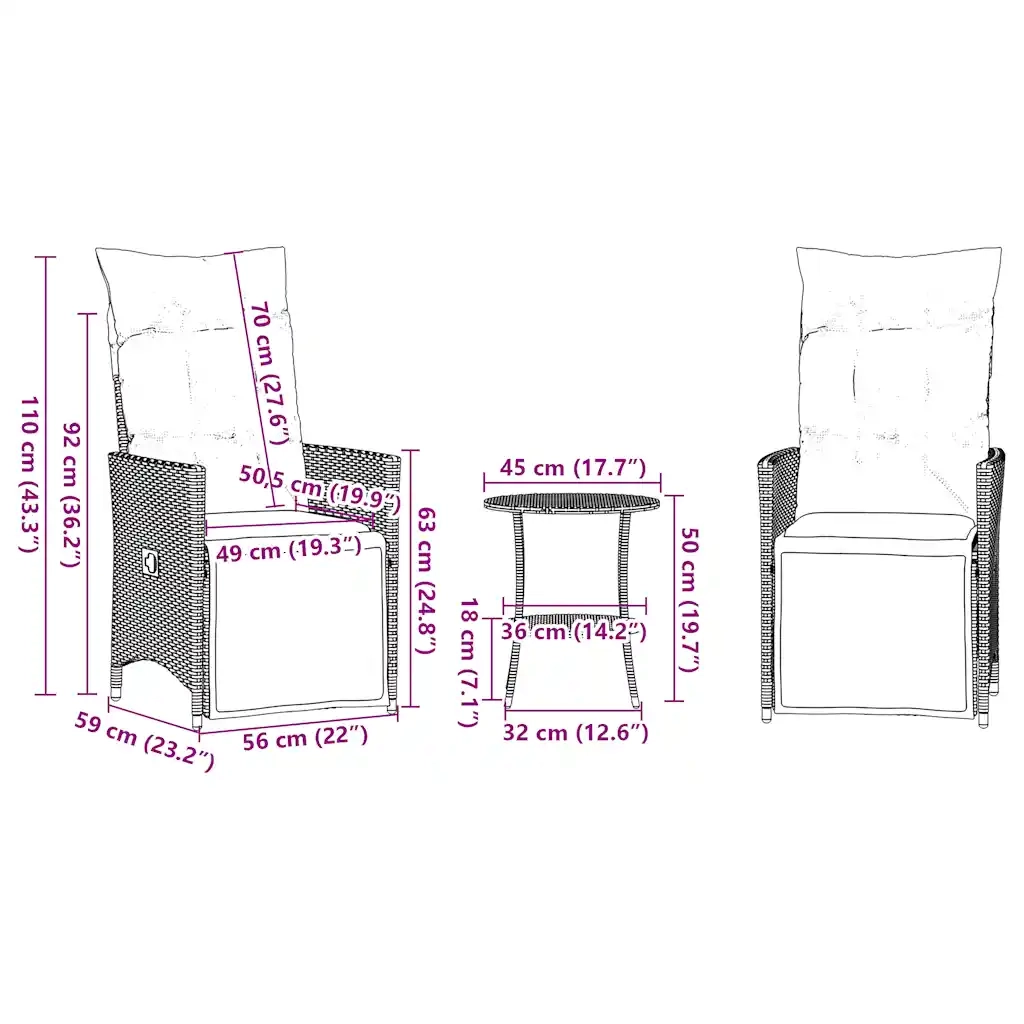 Set da Bistrot 3 pz con Cuscini Grigio in Polyrattan