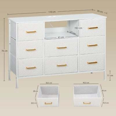 Comò con 8 cassetti e stazione di ricarica in tessuto bouclé, per ingresso e soggiorno, crema bianco 110 × 30 × 76 cm