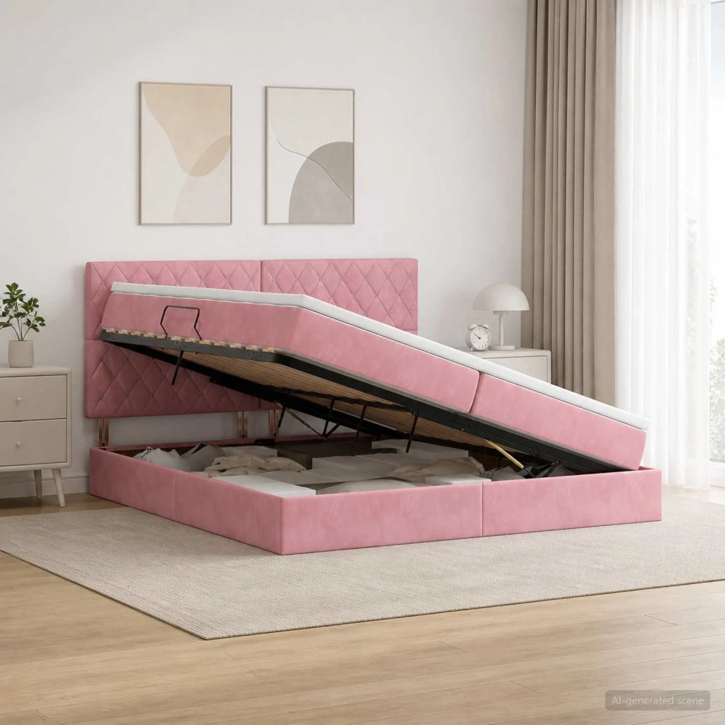 Letto con contenitore LED e materasso Rosa 200 x 200 cm Velluto 3460097