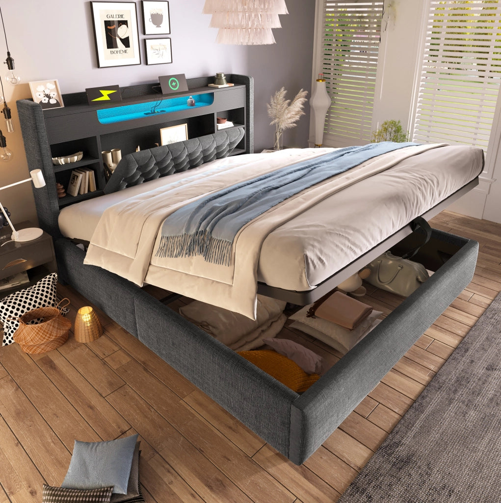 Letto matrimoniale 180x200 cm con contenitore idraulico; LED; USB e USB-C; in lino grigio