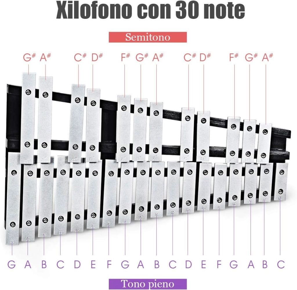 Xilofono 30 Nota Glockenspiel Pieghevole Cornice di Legno Barre in Metallo, con 2 Bacchete e Borsa da Trasporto