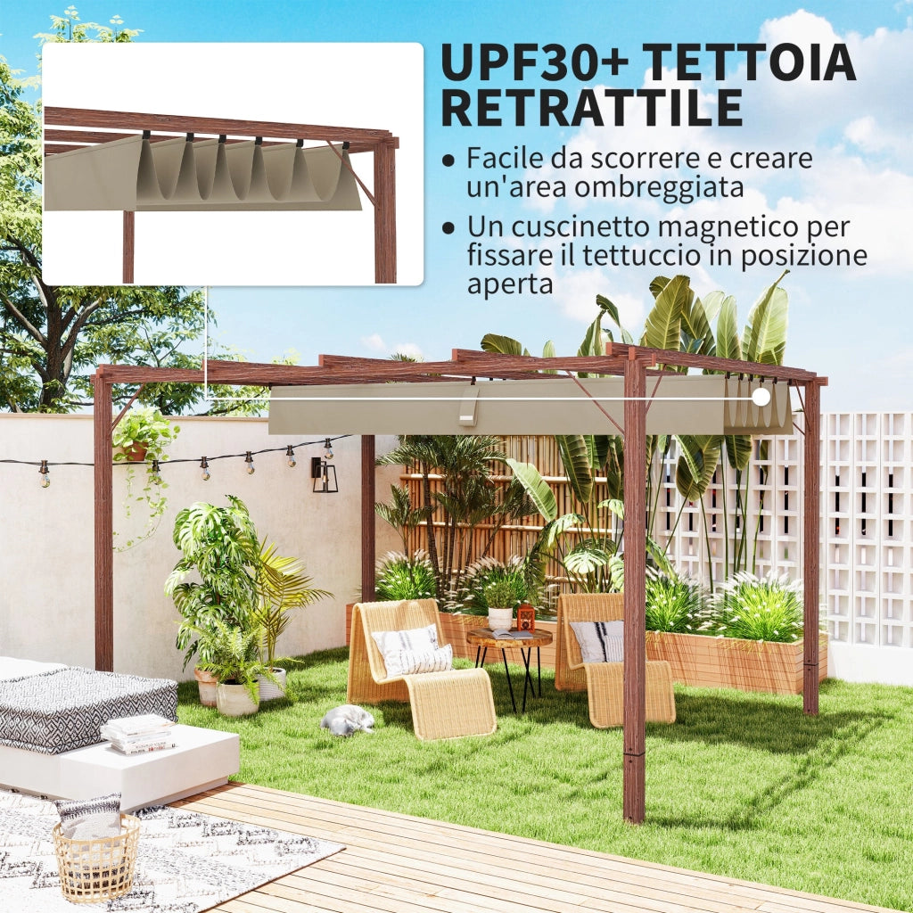 Gazebo Pergola da Giardino 382x300x232 cm con Tetto Retrattile in Poliestere e Alluminio color Legno