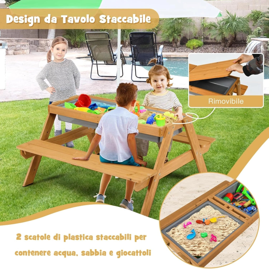 Set Tavolo e Sedie per Bambini da Giardino 3 in 1, con Ombrellone Rimovibile e Regolabile, Piano Rimovibile, Tavolo con Panche in Legno per Bambini da Interno Esterno (Verde e Bianco)