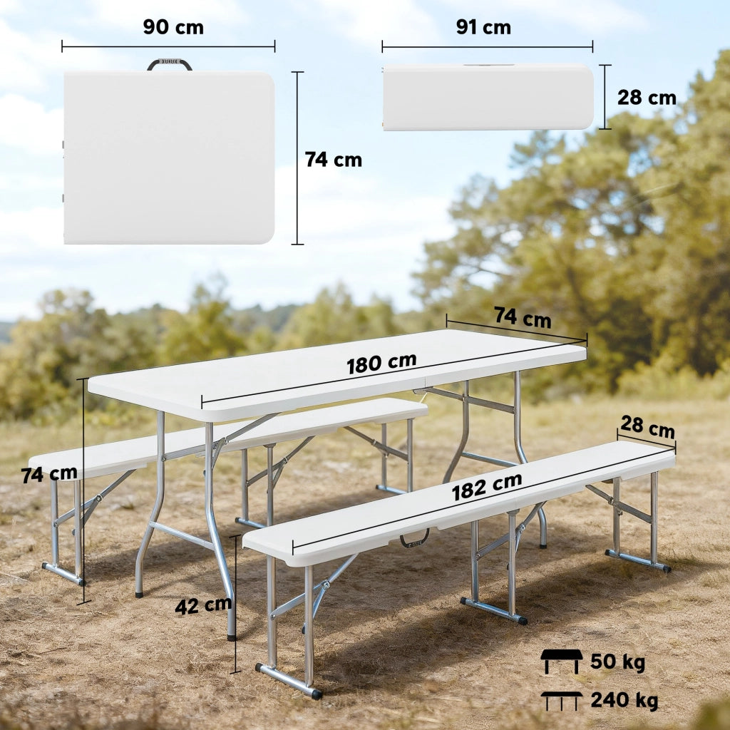Set Tavolo e Panche Pieghevoli da Giardino ¨C zephmum ¨C Bianco 180x74x74 cm 182x28x42 cm