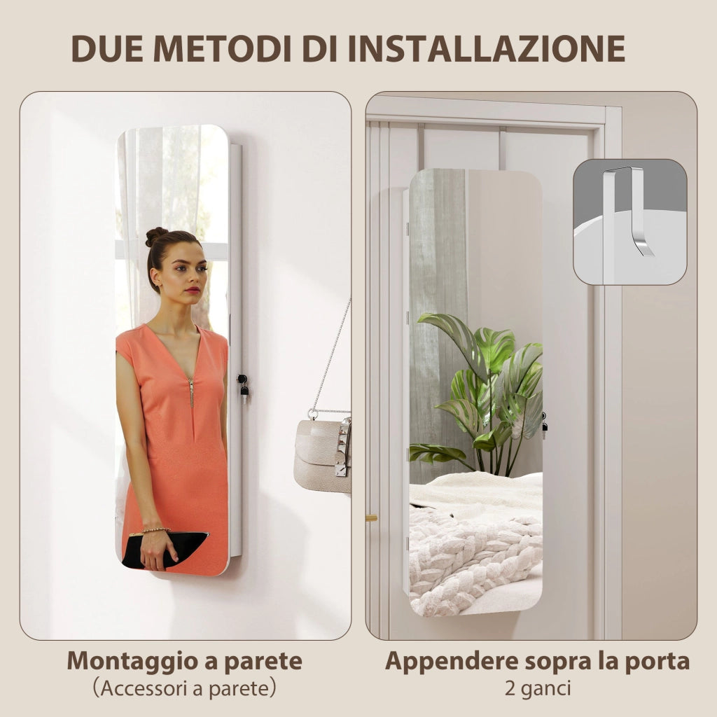Specchiera Portagioie da Parete e Porta con Specchio Interno Illuminato e Serratura, 37x10x120 cm