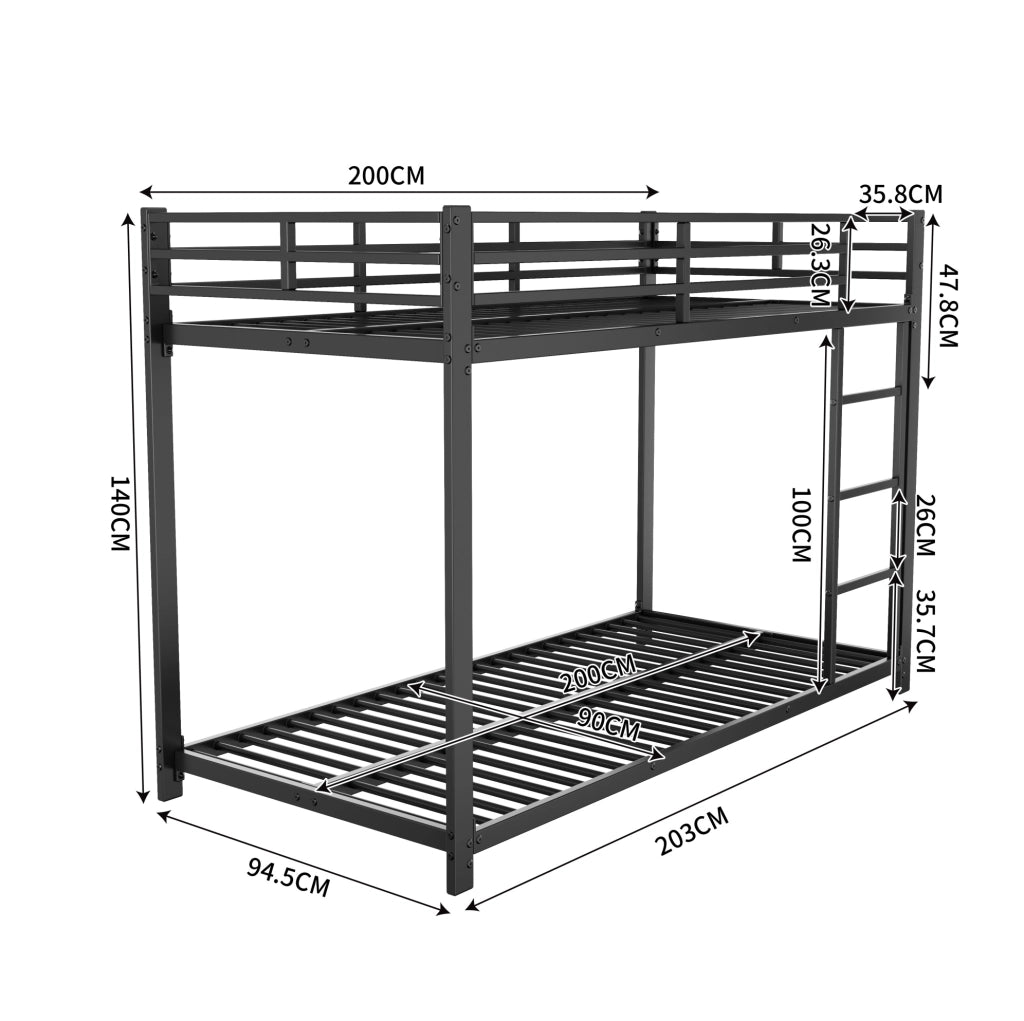 Letto a castello in metallo 90x200 cm con sponde di sicurezza; nero