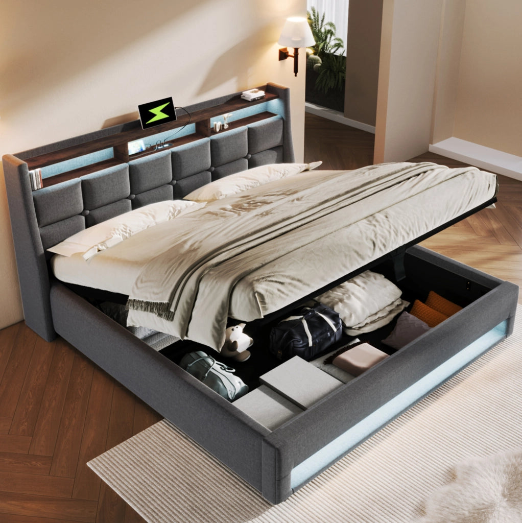 Letto matrimoniale contenitore LED USB 180x200 cm grigio