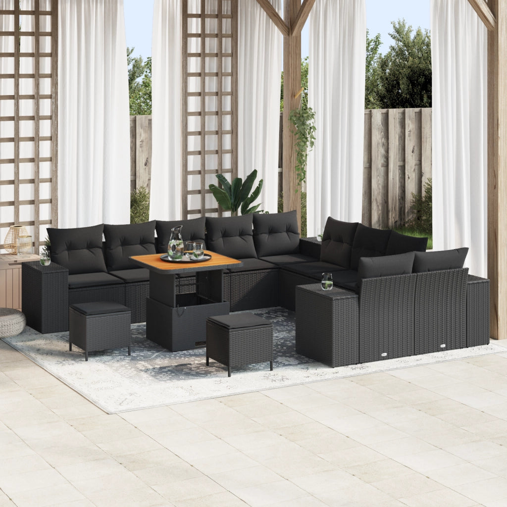 Set di divani da giardino da 13 pezzi con cuscini Nero Polyrattan Acacia