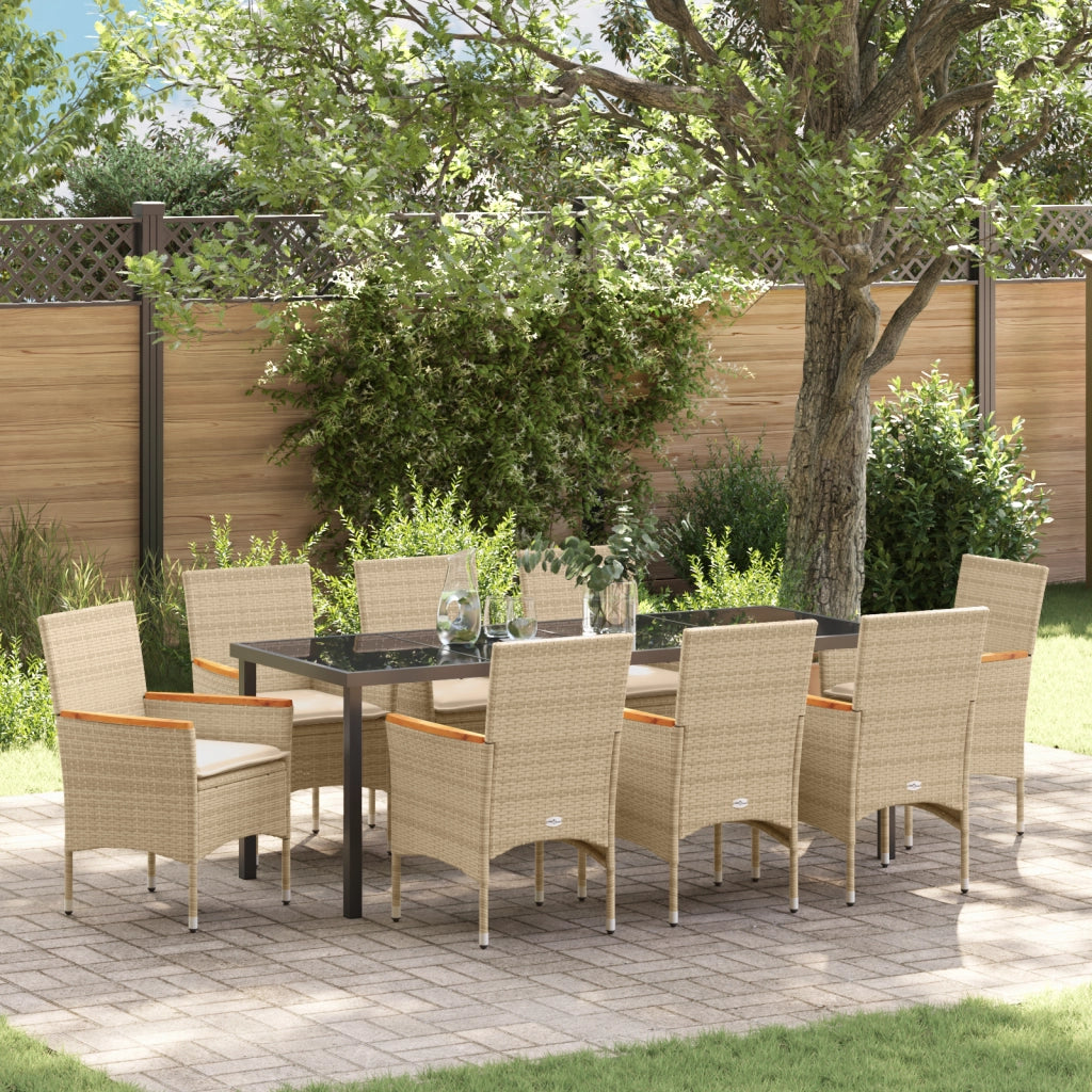 Set da Pranzo da Giardino 9 Pezzi con Cuscini Polyrattan Beige