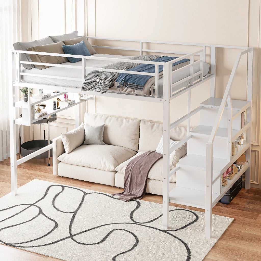 Letto a castello 140x200 cm con scaffali e scala contenitore; metallo; bianco (Senza materasso)