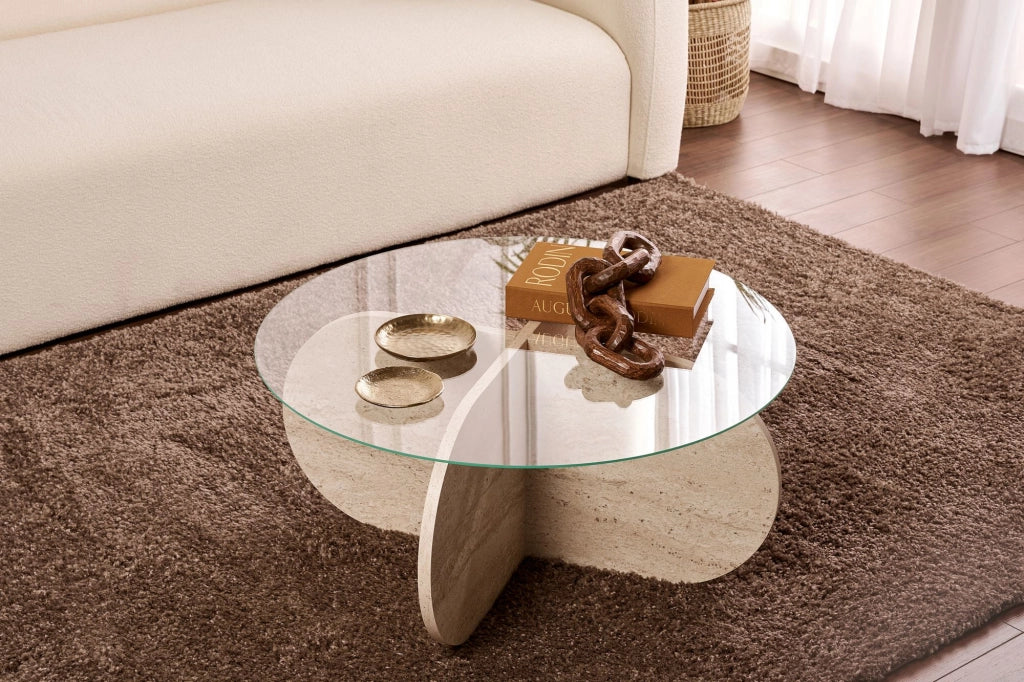 Tavolino in legno "Aeris" - 75 x 75 x 35 cm - TravertinoTrasparente