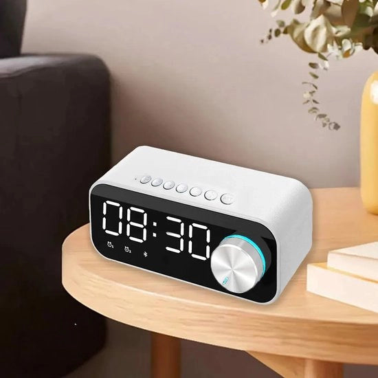 Alarme con Bluetooth, doppia funzione sveglia, display a LED, caricabile via USB, bianco.