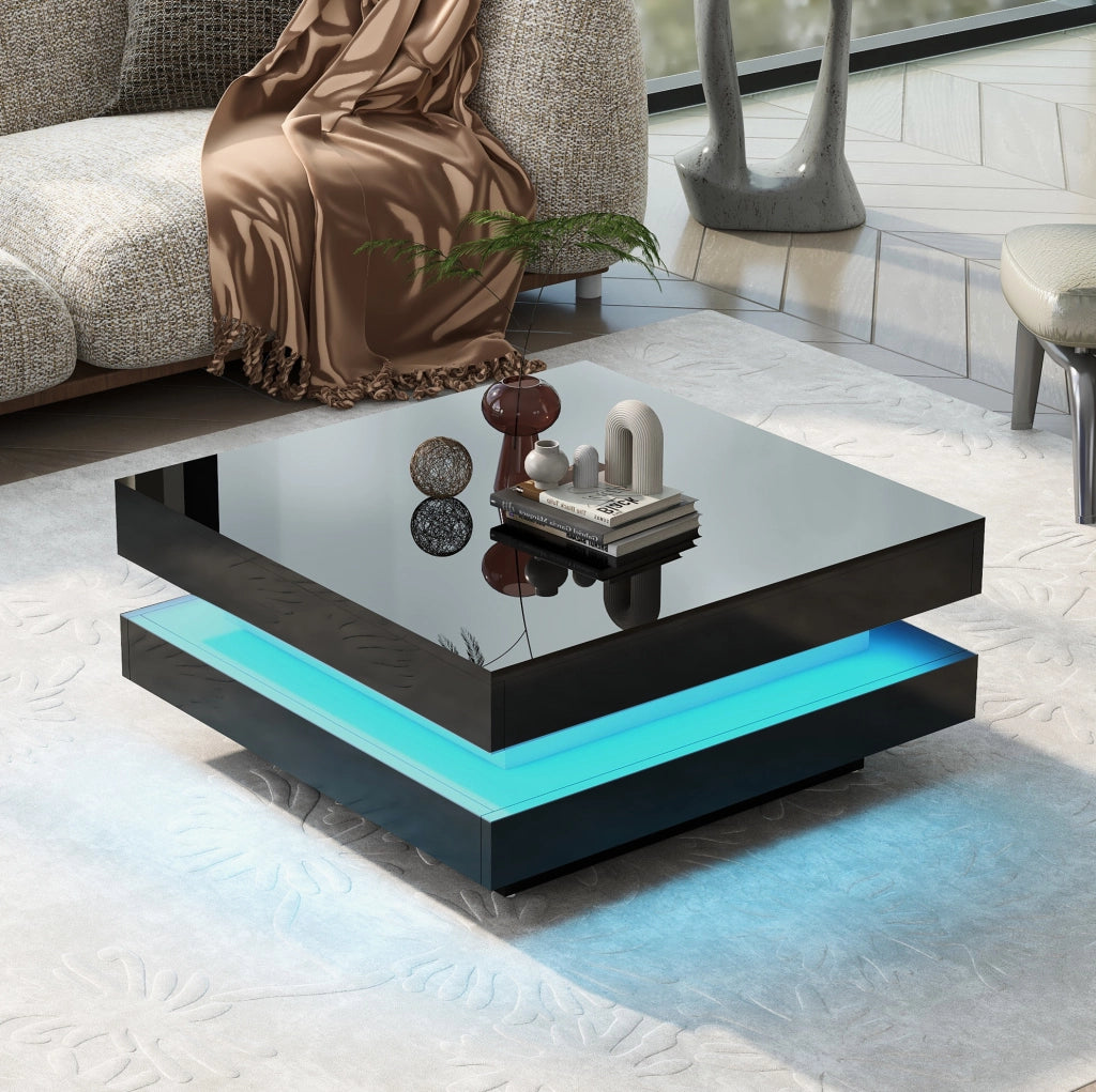 Tavolino da caffè quadrato con LED Bluetooth; 70x70x36 cm; truciolare nero