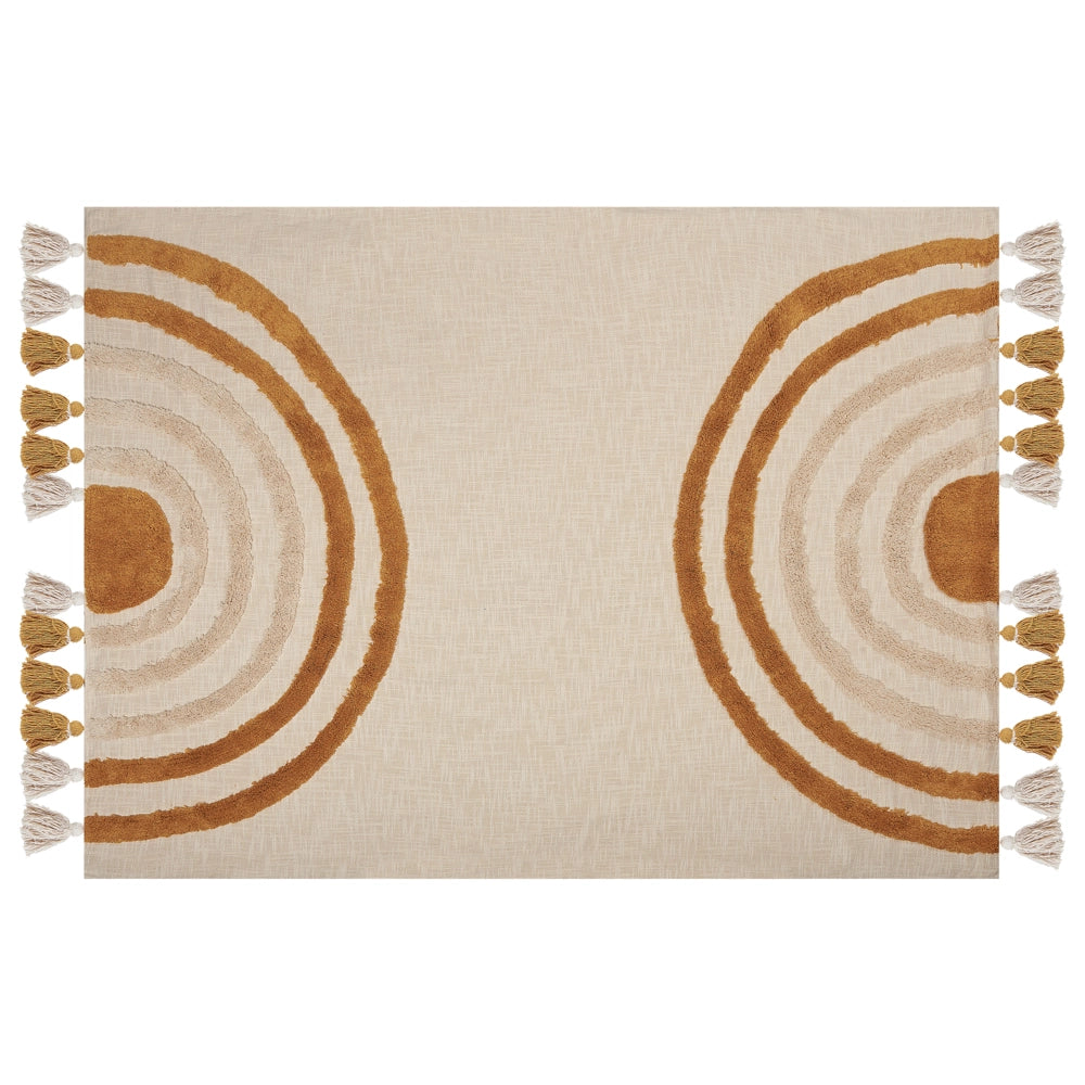 Coperta in cotone beige e arancione 130 x 180 cm copriletto in ricamo fatto a mano accogliente motivo geometrico con nappe