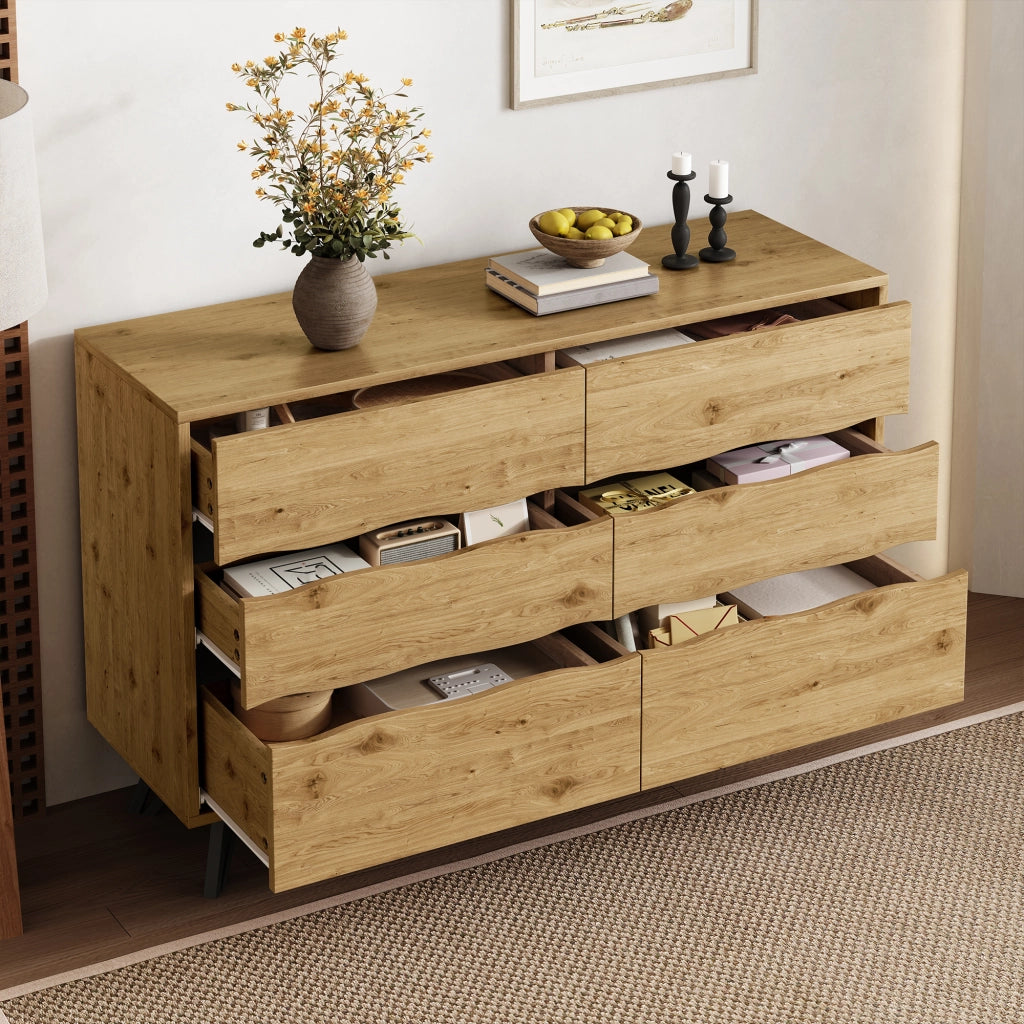 Credenza con 6 Cassetti; Frontali Ondulati e Piedini in Metallo; Stile Moderno; in Pannello Truciolare; Legno; 120??40??75;5 cm