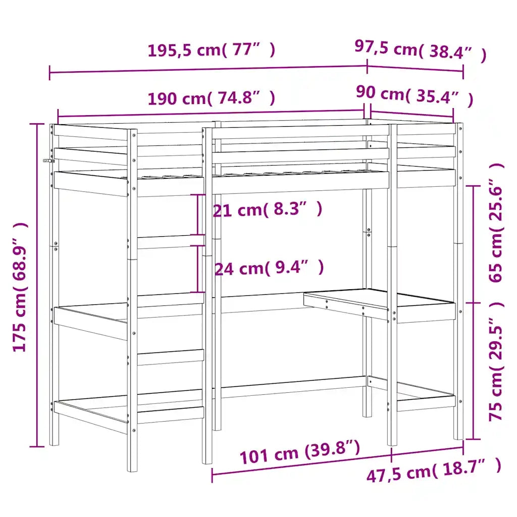 Letto Soppalco con Scrivania 90x190 cm Legno Massello Pino