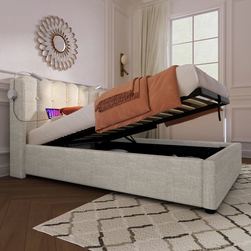 LETTO Contenitore 90x200 cm in Lino Naturale con Luce da lettura e USB