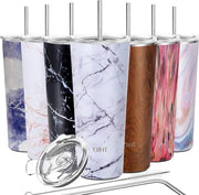 Tazza termica a vuoto isolata in acciaio inossidabile 780 ml con 2 coperchi e canne - marmo bianco - mantiene freschi i drink con ghiaccio - impermeabile all'acqua calda.