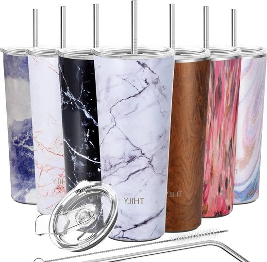 Tazza termica a vuoto isolata in acciaio inossidabile 780 ml con 2 coperchi e canne - marmo bianco - mantiene freschi i drink con ghiaccio - impermeabile all'acqua calda.