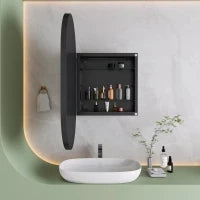 Armadio a specchio ovale da parete, armadietto con specchio e spazio interno per bagno, soggiorno e camera da letto, 85x51,5x12 cm, Nero