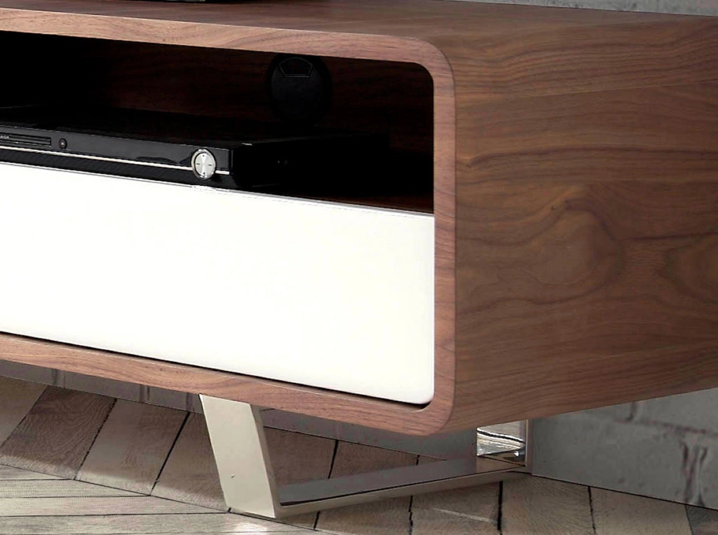 Porta TV in legno bianco, noce e acciaio cromato