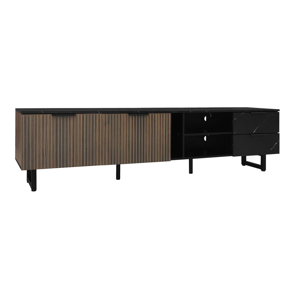 Mobile Porta TV 200cm ¨C MINIMAL ¨C Effetto Marmo Nero, Ante Legno, LED, 2 Cassetti