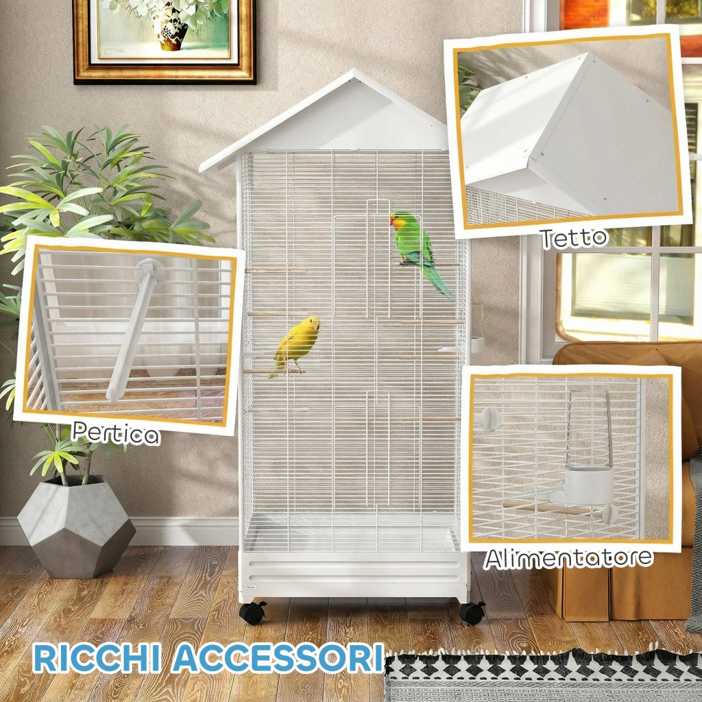 Gabbia per Uccelli Voliera 79x65x155 cm con Ruote in Acciaio Bianco