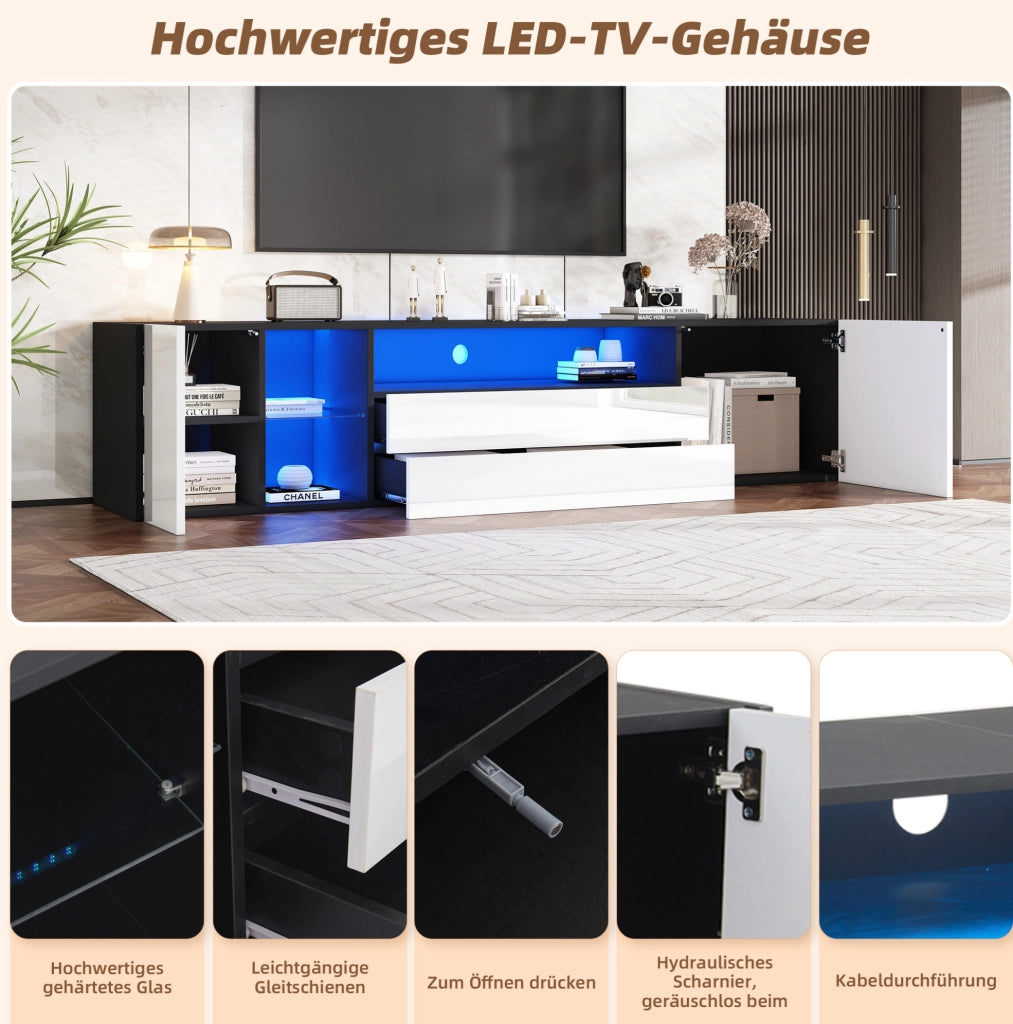 Mobile TV 180 x 40 x 45 cm con LED, 2 cassetti e 2 vani, bianco e nero