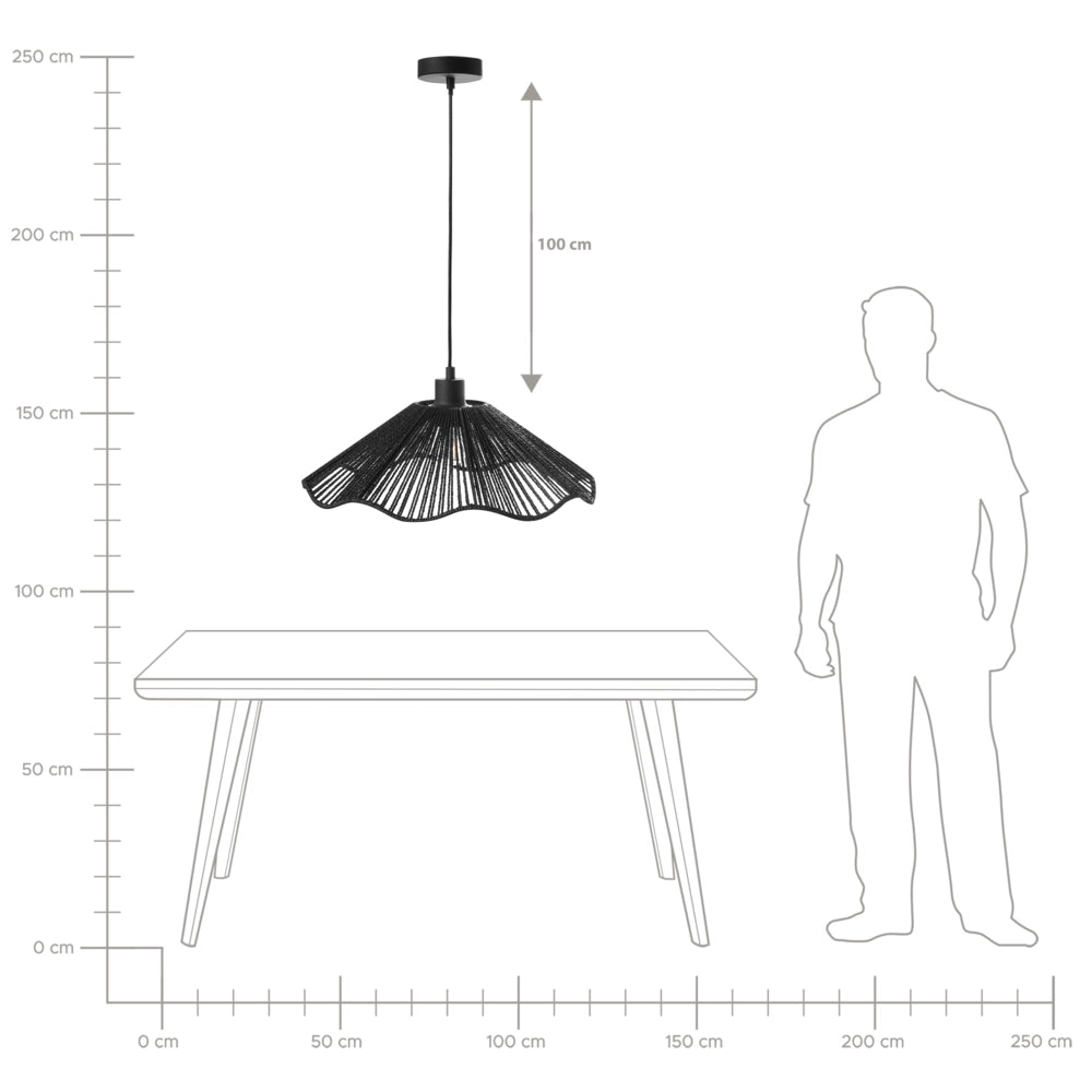 Lampada a sospensione con paralume in carta nera fatto a mano e base in metallo, stile rustico boho