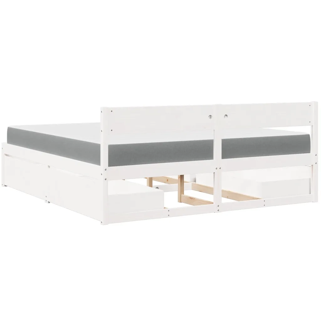 Letto Cassetti e Materasso Bianco 180x200cm Legno Massello Pino