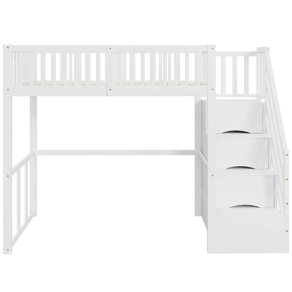 Letto a Soppalco Singolo con Scala Contenitore e Scrivania 90×200 cm; senza Materasso; in Legno; Bianco
