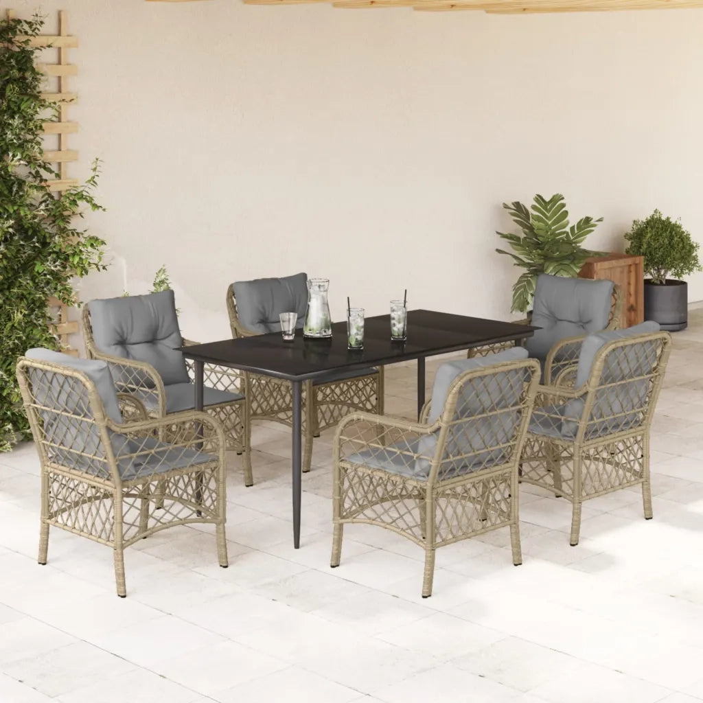 Set Pranzo da Giardino 7 pz con Cuscini Beige Misto Polyrattan