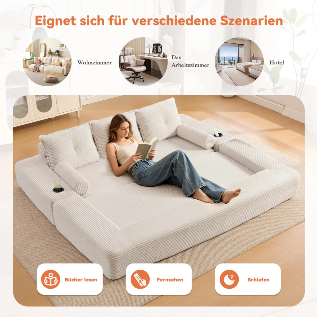 Divano letto modulare in corda con tasche laterali, portabicchieri e cuscini memory per soggiorno, beige