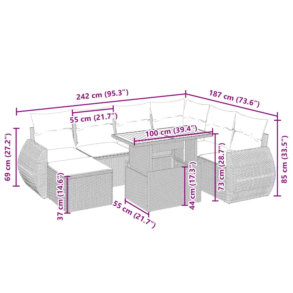 Set Divano da Giardino 8 pz con Cuscini Beige in Polyrattan 3275830