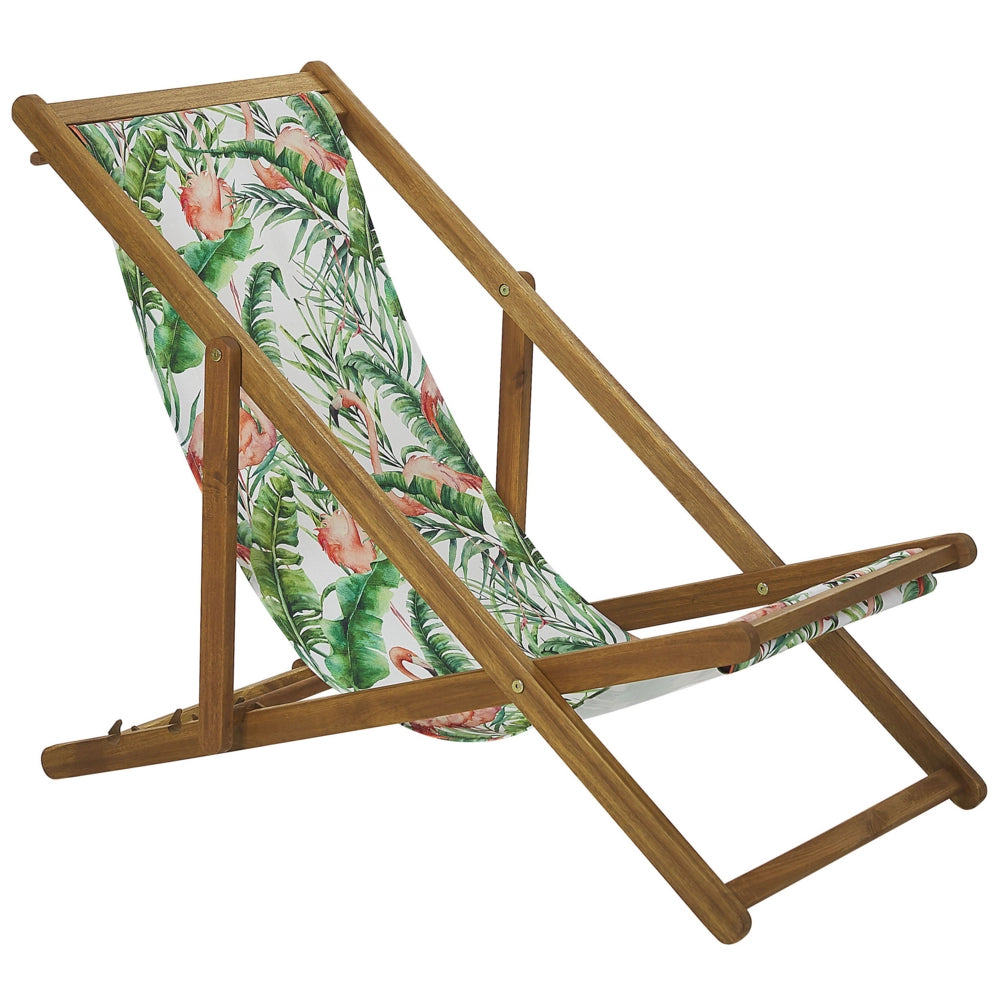 Set di 2 sedie a sdraio da giardino con struttura in legno di acacia chiaro motivo fenicottero in tessuto amaca sedile reclinabile