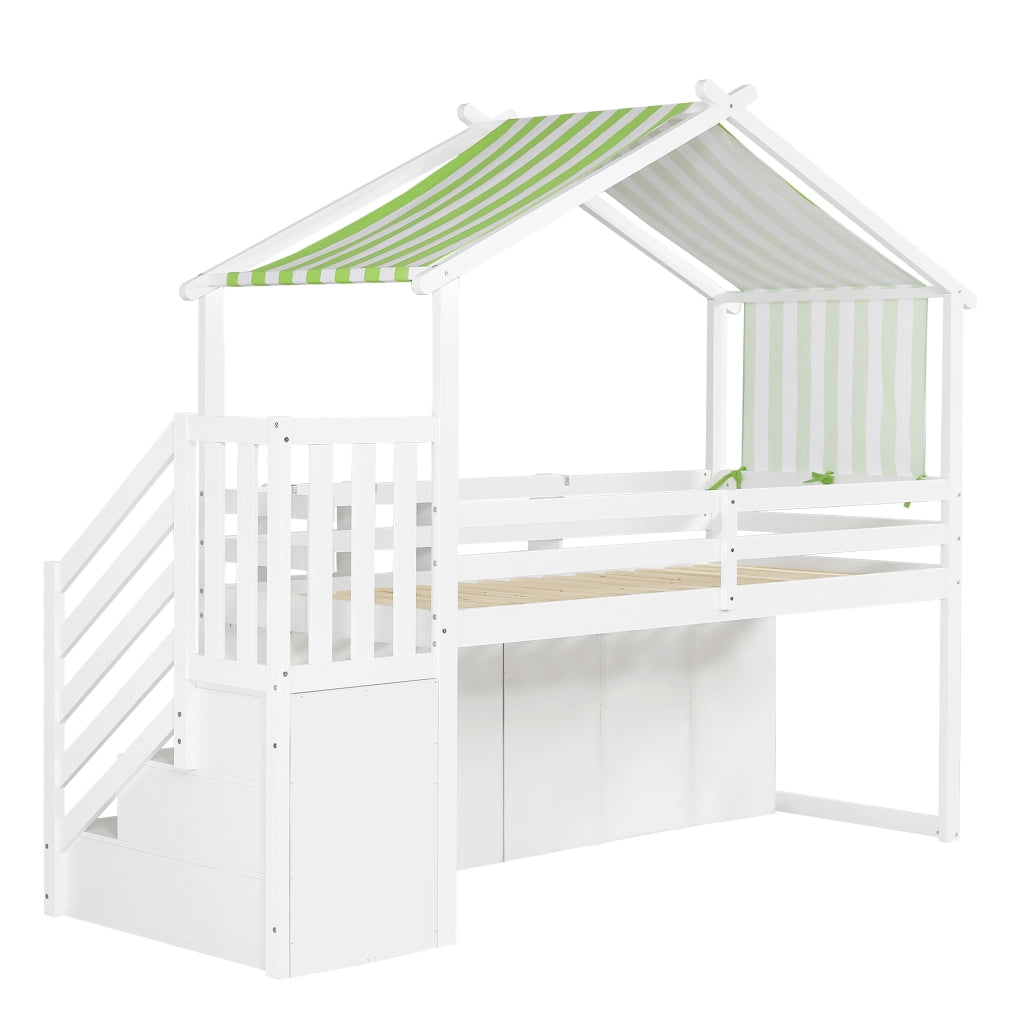DESMIU Lit a castello bambino 90 × 200 cm con armadio, 2 vani e 3 cassetti, senza materasso, in legno, bianco e verde