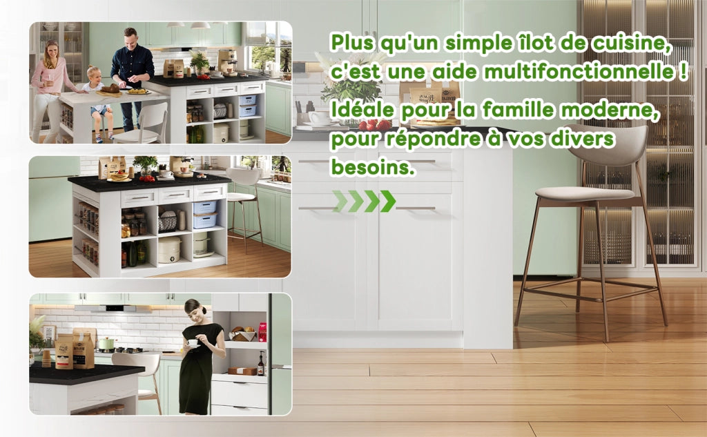 Isola cucina moderna con tavolo estraibile 150x90 cm, bianco, MDF effetto marmo