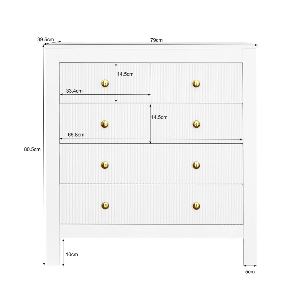 Cassettiera con 5 Cassetti; Maniglie dorate; per Camera o Ingresso; in Pannelli di particelle; 79 × 39.5 × 80.5 cm; Bianco