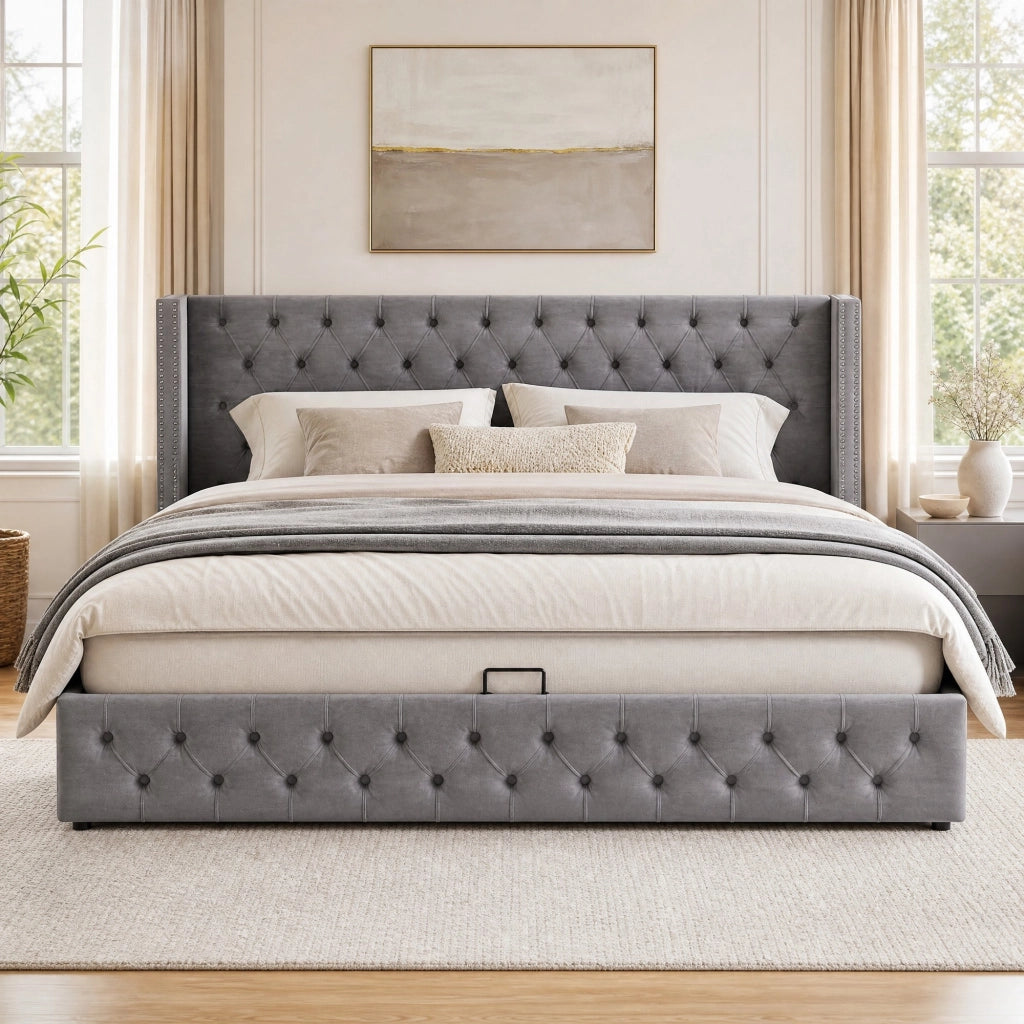 Letto matrimoniale imbottito Chesterfield con contenitore 140x190 cm in velluto grigio