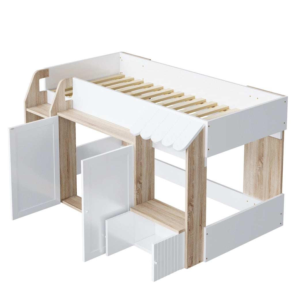 Letto a soppalco per bambini a forma di casetta 90x200 cm con scala e spazio contenitore; bianco e legno