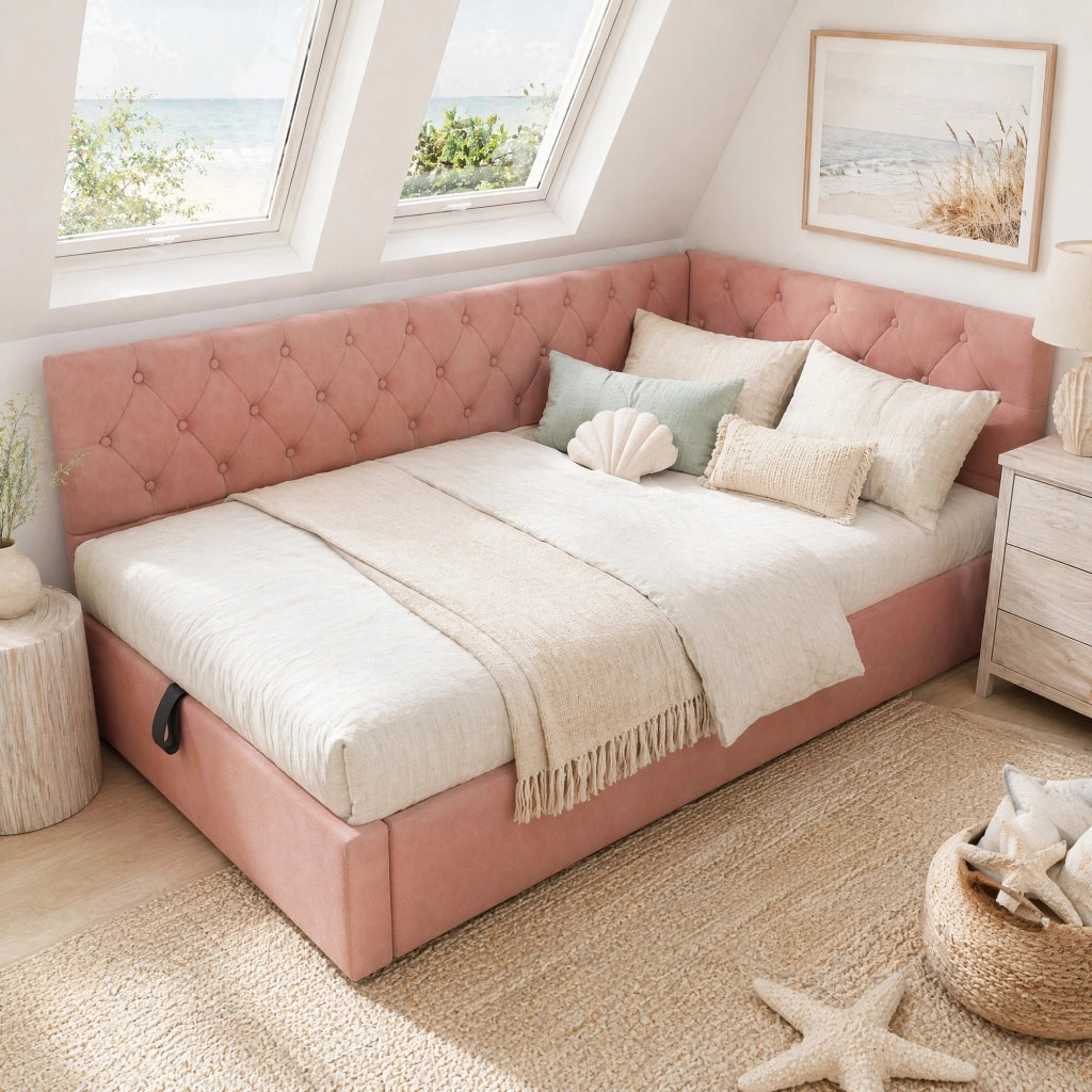 Letto singolo 90x200 cm in velluto rosa con contenitore idraulico, testiera reversibile e rete a doghe