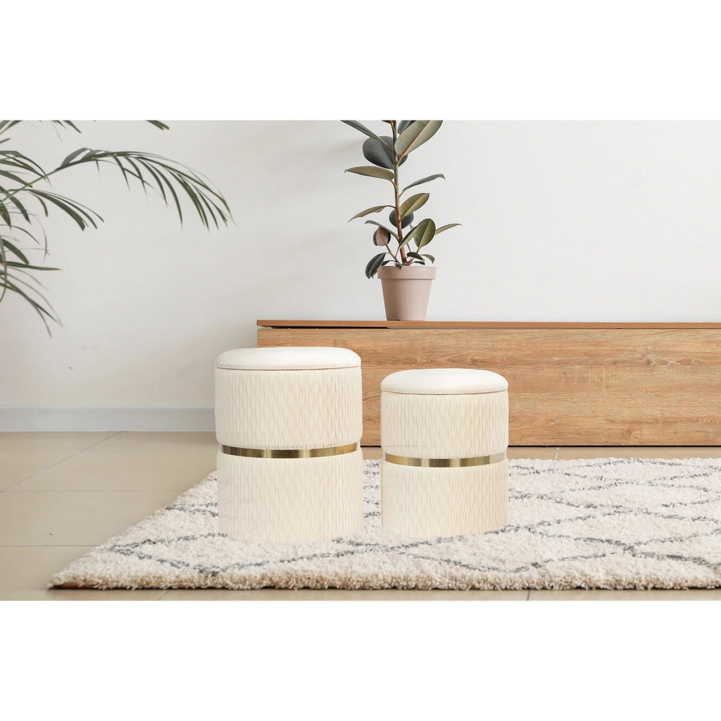Set di 2 pouf contenitori Milas in velluto crema