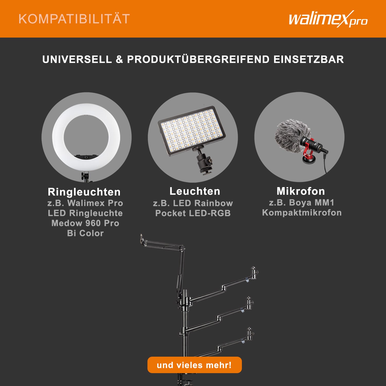 Multi Streaming Supporto da tavolo, 4 bracci articolati per fotocamere, luci LED, microfoni, morsetto di montaggio per piani 65 mm, anche per Vlogging, Videochiamate