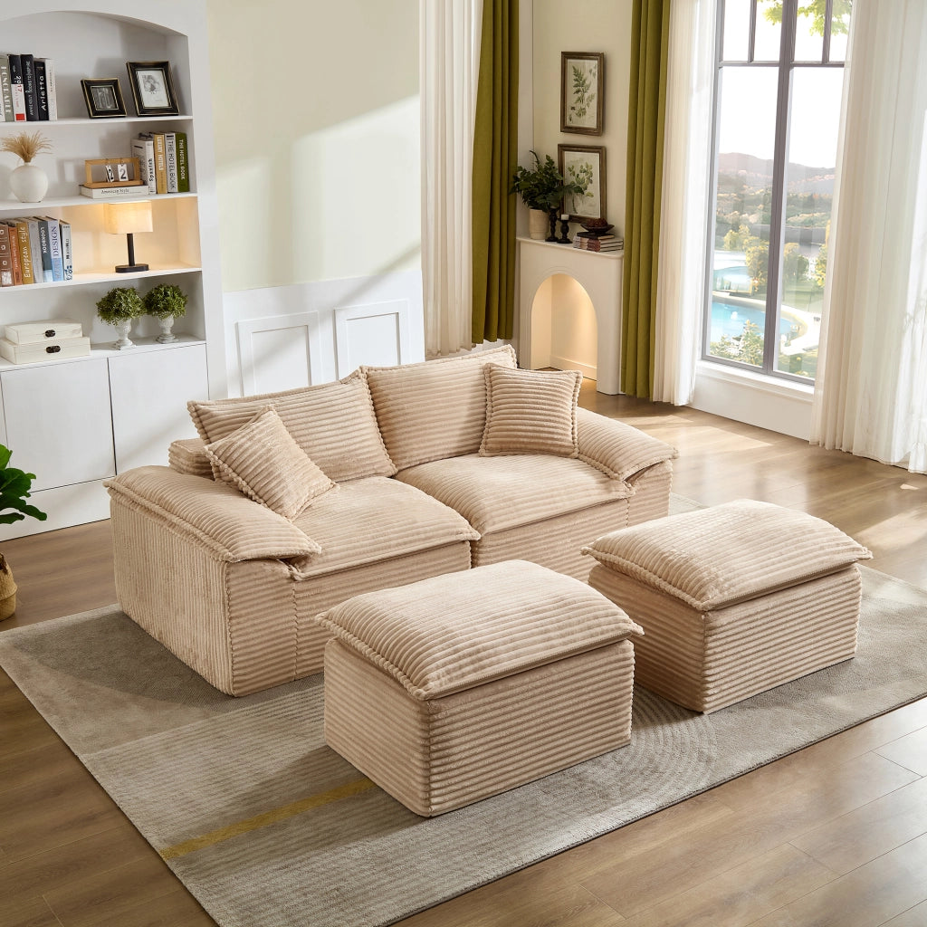 Divano a 2 posti in tessuto a coste con pouf, schiuma ad alta resilienza e molle, beige 206 × 158 × 66 cm