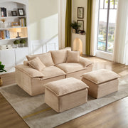 Divano a 2 posti in tessuto a coste con pouf, schiuma ad alta resilienza e molle, beige 206 × 158 × 66 cm