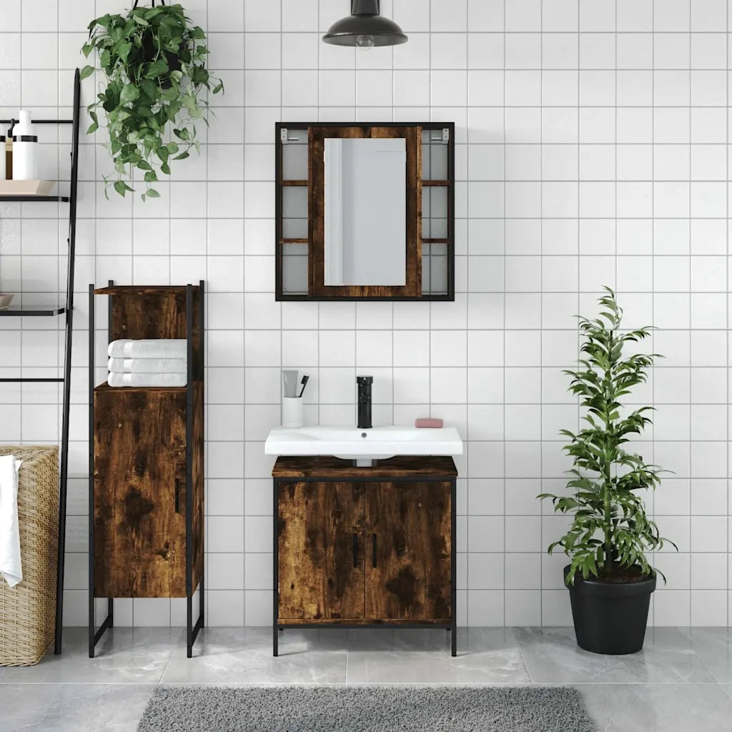 Set Mobili da Bagno 3 pz Rovere Fumo in Legno Multistrato 3214762